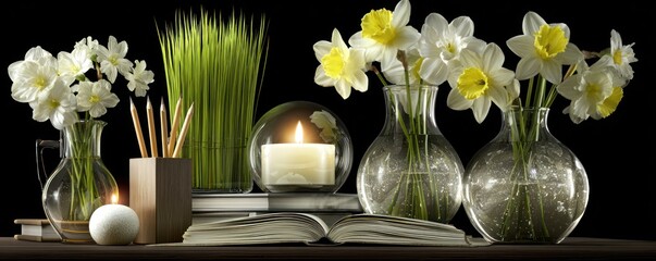 Flower Arrangement with Candle and Book