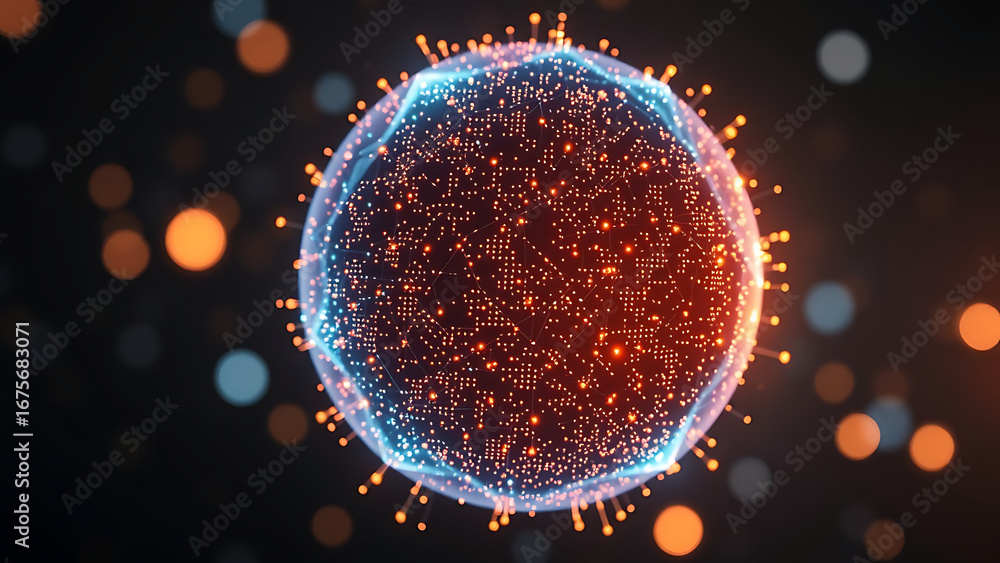 Poster vibrant glowing particle 3d sphere animation virtual assistant concept bright 3d energy orb in the s