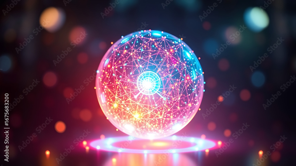 Poster vibrant glowing particle 3d sphere virtual ai assistant concept abstract technology science engineer