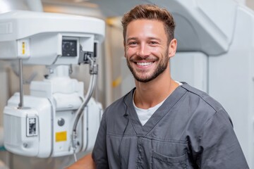 Smiling radiologic technologist in a medical facility during a routine diagnostic procedure with advanced imaging equipment