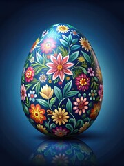 Fototapeta premium Decorated Easter Egg on Dark Blue Background with Floral Pattern