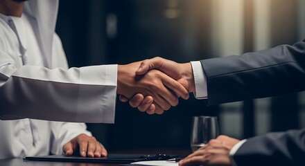 Fototapeta premium Two businessmen shaking hands to seal a deal, symbolizing agreement, collaboration, and success in a corporate setting with an arab businessman