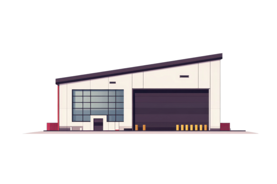 Modern clean warehouse exterior featuring minimalistic design and large loading bay in a sunny industrial area