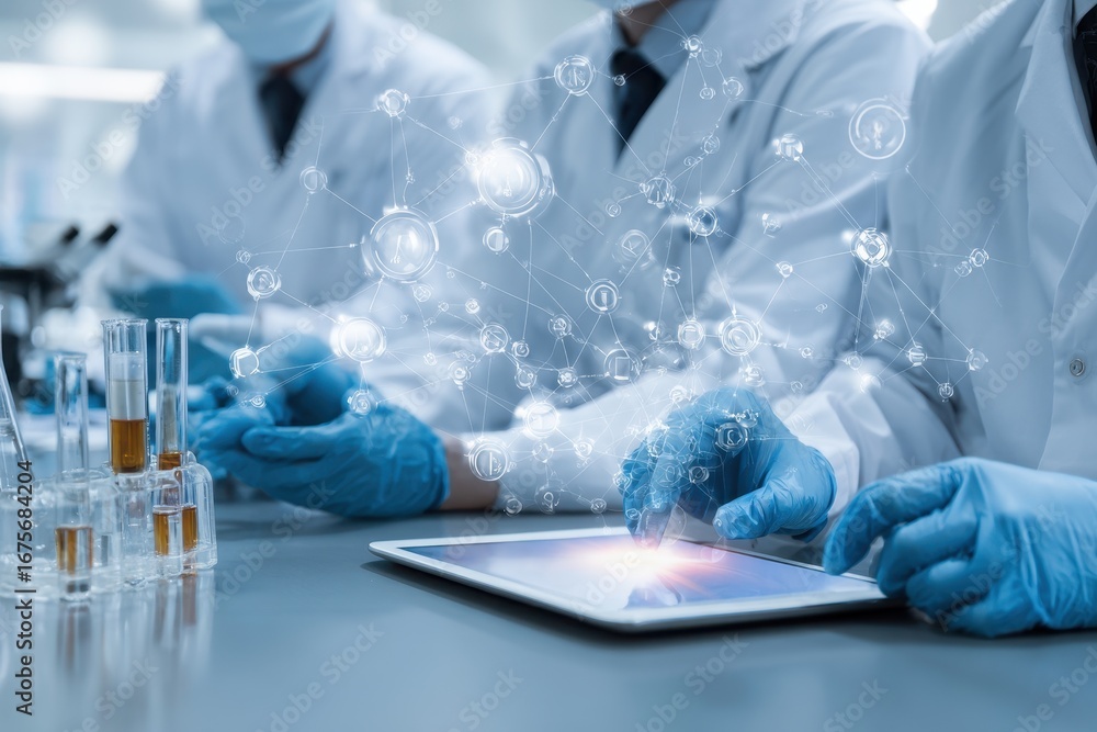 Poster scientists collaborate using a tablet to analyze data and conduct experiments in a laboratory settin