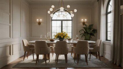 Fototapeta premium Elegant dining room with a round table, beige chairs, and large windows allowing natural light to enhance the sophisticated decor.