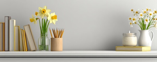Books, Flowers, and Pencils on Shelf