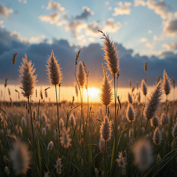 Fototapeta Tall Grass Field at Sunset Glowing with Warm Light
