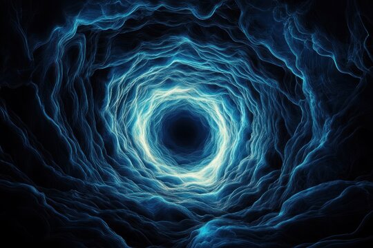 Abstract glowing blue vortex resembling swirling clouds or mist forming a tunnel with a dark center, evoking a mysterious and otherworldly atmosphere - Powered by Adobe
