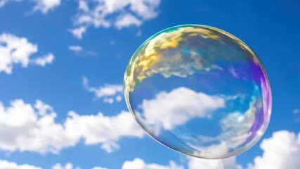 Dreamy iridescent bubble floating against a vibrant blue sky adorned with fluffy clouds, evoking a - Powered by Adobe