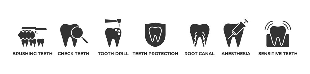 Advanced Dental Treatment Icons set vector illustration with Brushing teeth, Check teeth, Tooth drill, Teeth protection, Root canal, Anesthesia,  Sensitive teeth
