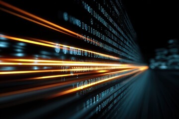 Dynamic interplay of binary code and light trails illustrating data flow in a digital landscape
