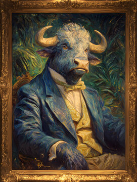dapper bull in blue and gold poses