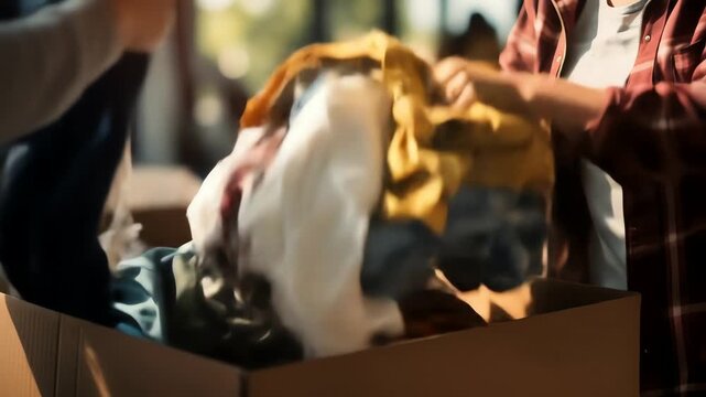 A person sorts clothes into a cardboard box with blurred background elements