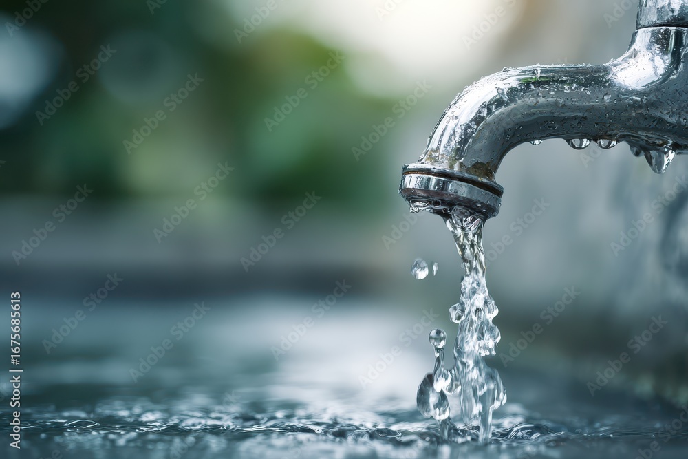 Poster close-up of water cascading from faucet with shimmering droplets reflecting light in a serene enviro