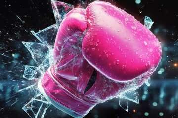 Close-up of a bright pink boxing glove breaking through shattered glass with water droplets and dynamic motion in a dark background