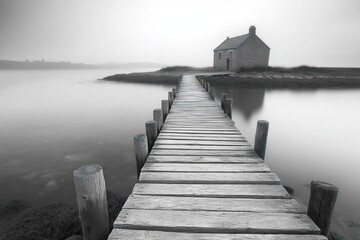 Serene black and white image of a narrow wooden pier leading to a small solitary stone house on a calm water island under a foggy sky