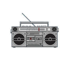 Simple, stylized illustration of a vintage boombox against a solid black background.