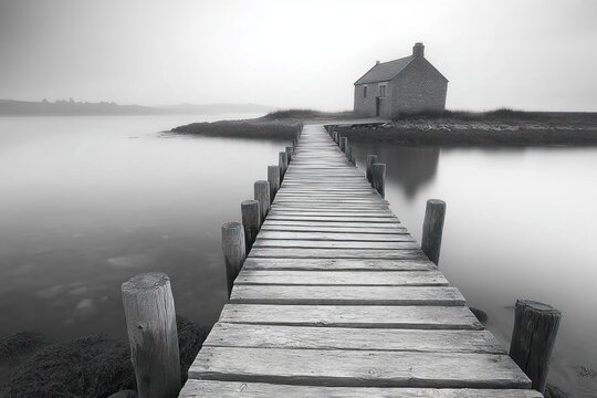 Serene black and white image of a narrow wooden pier leading to a small solitary stone house on a calm water island under a foggy sky - Powered by Adobe