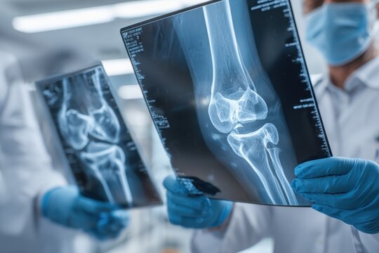 Orthopedic surgeon assessing knee X-ray of a patient in a medical facility