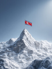 North Korean Flag on top of snow covered mountain