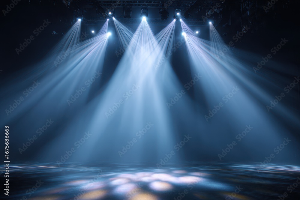 Poster stage lights illuminate the empty performance area, creating an atmosphere of anticipation and excit