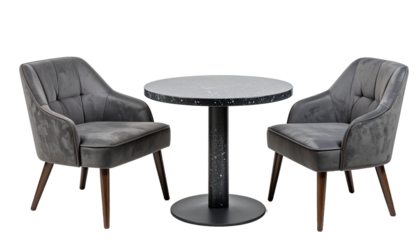 Elegant gray chairs flanking a round speckled table create a cozy dining area scene. Concept for cafe interior design, restaurant furniture and home decor