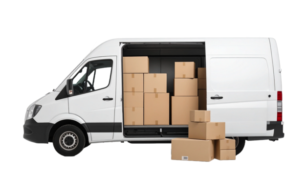 White delivery van filled with cardboard boxes ready for transport and distribution. Concept for logistics, transportation and shipping industry 