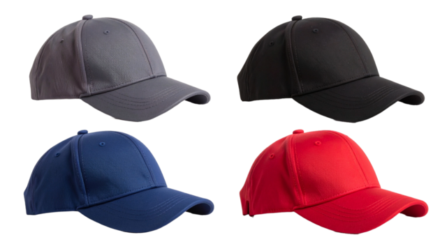 Four baseball caps in gray, black, blue, and red displayed on white and transparent background. Concept for apparel design and branding
