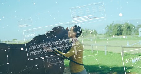 Animation of data processing over caucasian woman with horse - Powered by Adobe