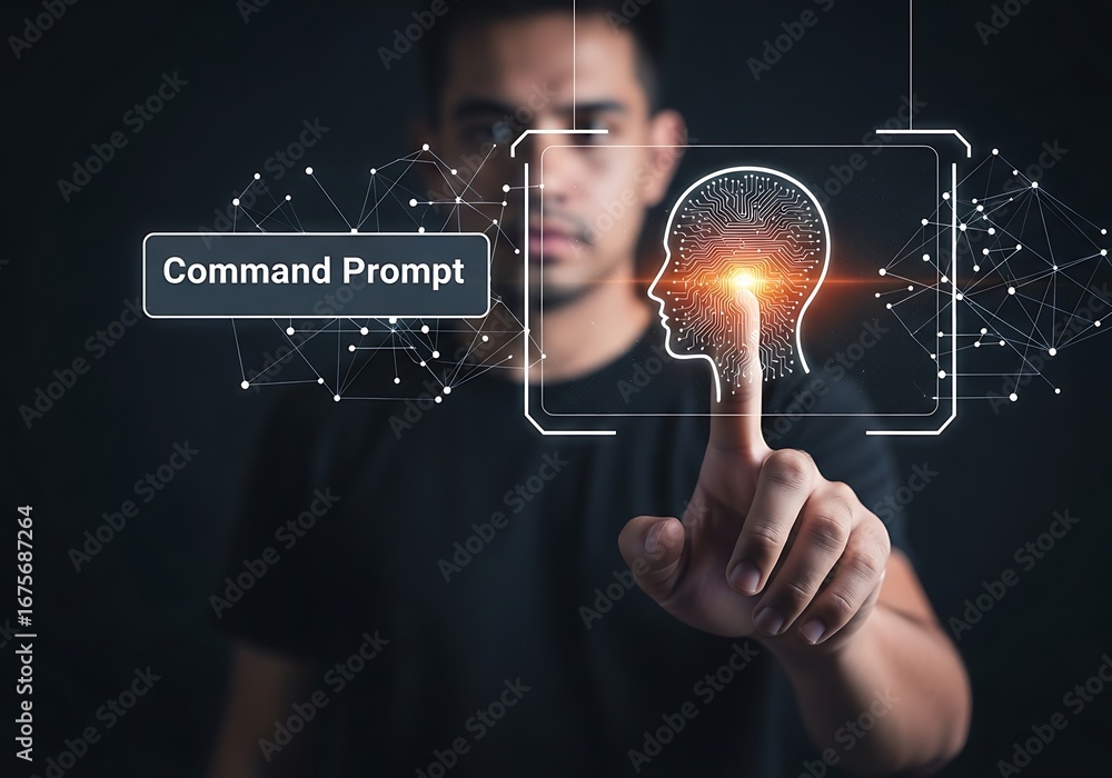Poster man touching digital brain interface image
