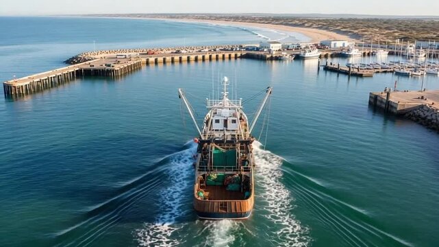 Fishing Boat Navigating Calm Blue Sea Towards Coastal Harbor Under Sunny Skies with Breakwater and Pier in the Distance Aerial View