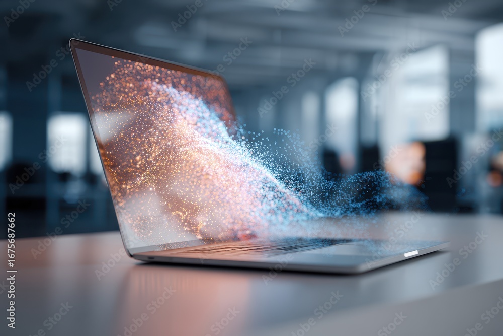 Poster sleek laptop showcasing vibrant abstract colors with dynamic visual effects in a modern workspace en