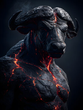 horned buffalo golem stares through dusk