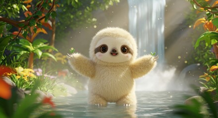 Obraz premium Adorable sloth stands in shallow water with tiny leaves