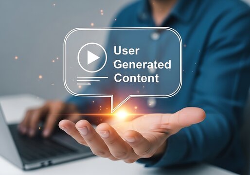 Person presenting user generated content concept video play button
