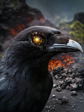 Ink feathered crow with a crackling cyber