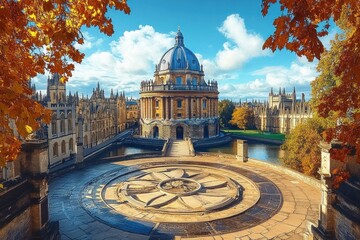 Historic circular stone courtyard with geometric pattern surrounded by autumn trees and classical stone university buildings under a bright blue sky