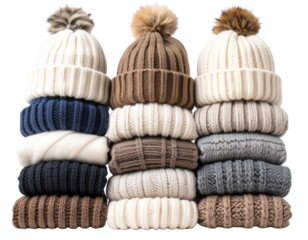 Stack of Folded Winter Hats in Assorted Colors, Transparent PNG