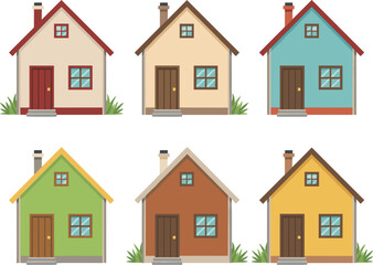 Six colorful cartoon houses with grass and chimneys  homes buildings