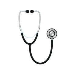 A medical stethoscope, metallic and black, displayed against a stark black background.