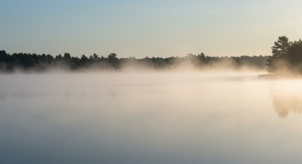 Fototapeta premium Serene Misty Lake at Dawn with Silhouetted Forest Horizon