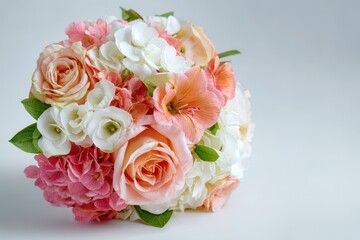 Bouquet of colorful roses and white flowers arranged beautifully on a plain white background