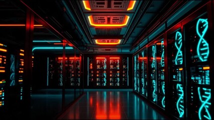 A server room displays glowing DNA strands against a neonlit dark backdrop - Powered by Adobe