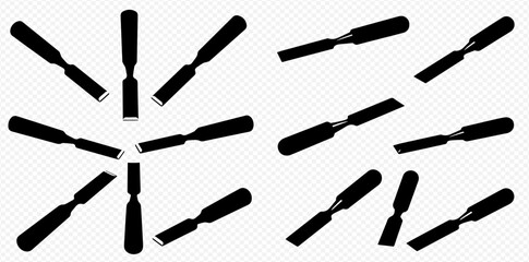 Collection of various wood carving chisels, displayed in different orientations.