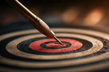 Precision striking at the target with a dart, showcasing skilled aim and focus in a competitive setting with vibrant colors highlighting the bullseye