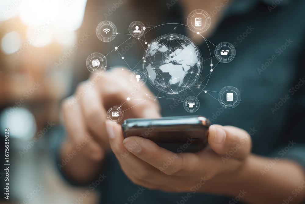 Aufkleber exploring the capabilities of iot technology with a smartphone connected to a global network in a mo