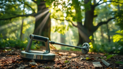 Rotating push up handles resting on the forest floor, inviting an invigorating outdoor workout amidst the tranquility of nature
