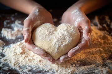 Hands holding heart-shaped dough covered in flour with flour scattered on the wooden surface evoking warmth and care in baking