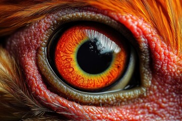 Close-up detailed image of a vibrant orange bird eye with textured red skin and surrounding feathers
