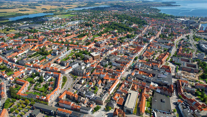 A panorama Aerial view around the old town in the city of  Horsens in Denmark on s sunny summer noon
